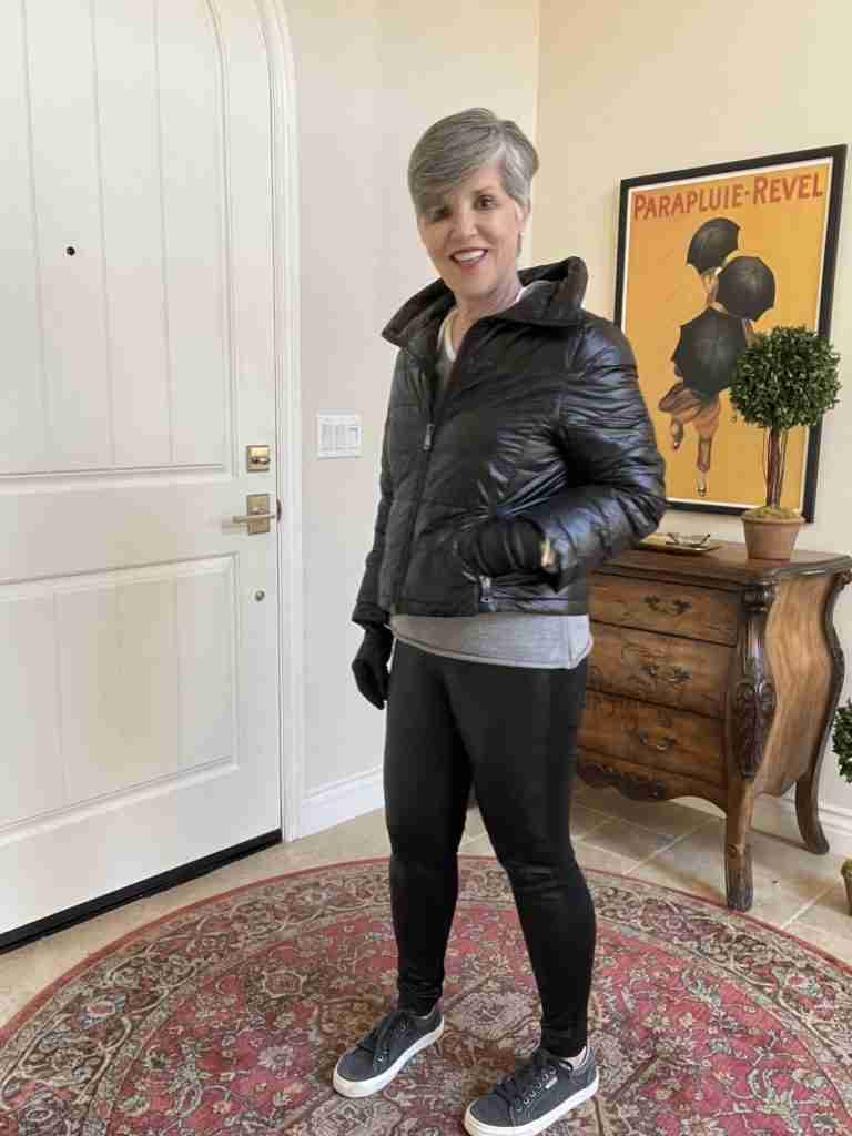 Black faux leather leggings worn with a gray hoodie and gray gym shoes for a casual look.  I added a black puffer coat and gloves.