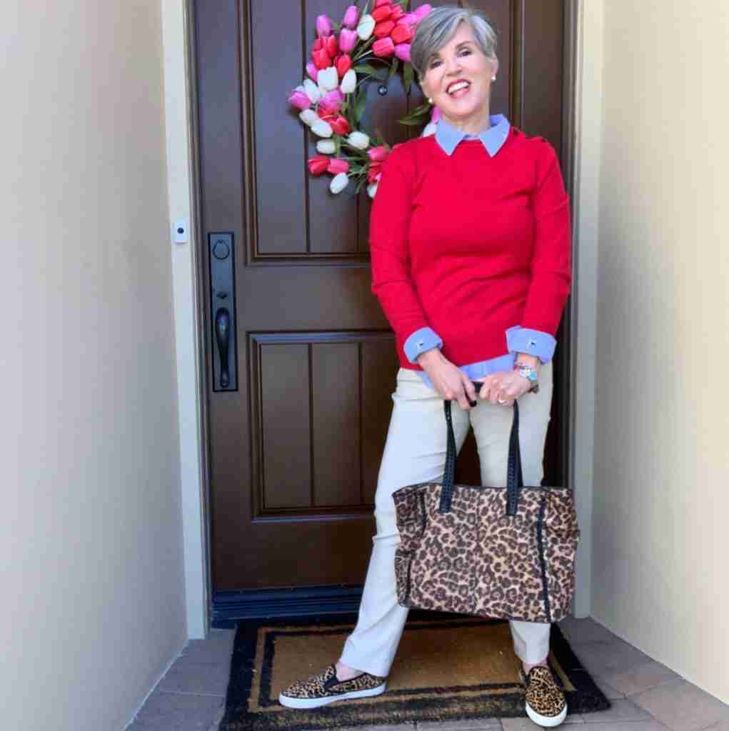 My last of the casual outfits for Valentine's Day look was with a red sweater over a blue dog print shirt.