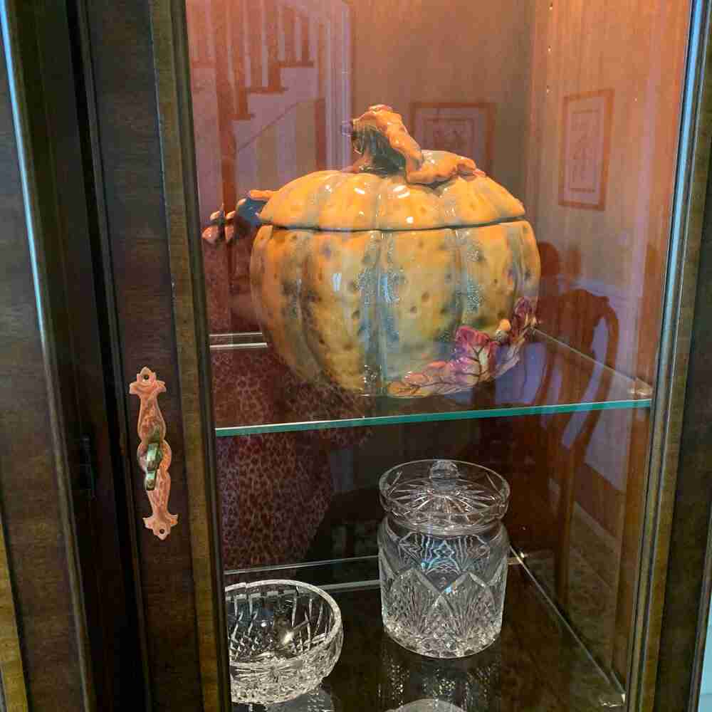 Fabulous Fall Decorations for Your Home!
Here is a close-up of the ceramic pumpkin tureen and a Waterford biscuit jar.