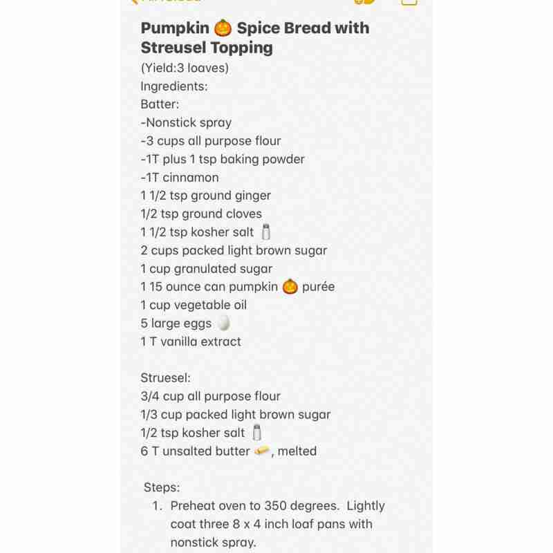Here is the recipe all types up for the pumpkin bread with streusel topping.