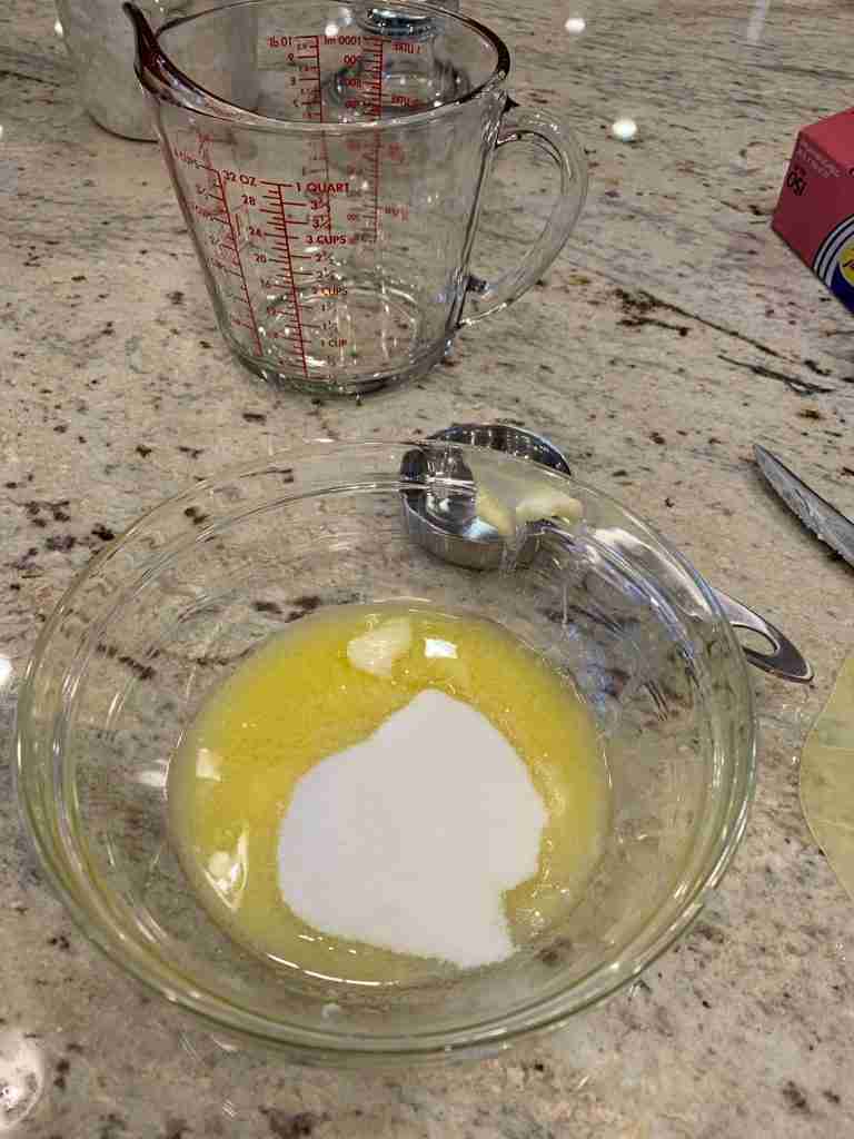 Here is the melted butter and sugar mixture that will be spread over the crackers before baking.