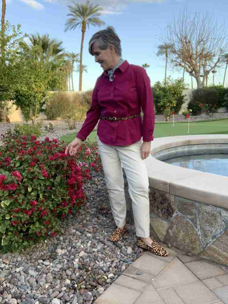 In this fourth of this series of teacher outfit ideas, I paired a rich magenta shirt with a leopard belt, leopard flats, and a  small soft blue and rose silk neck scarf.