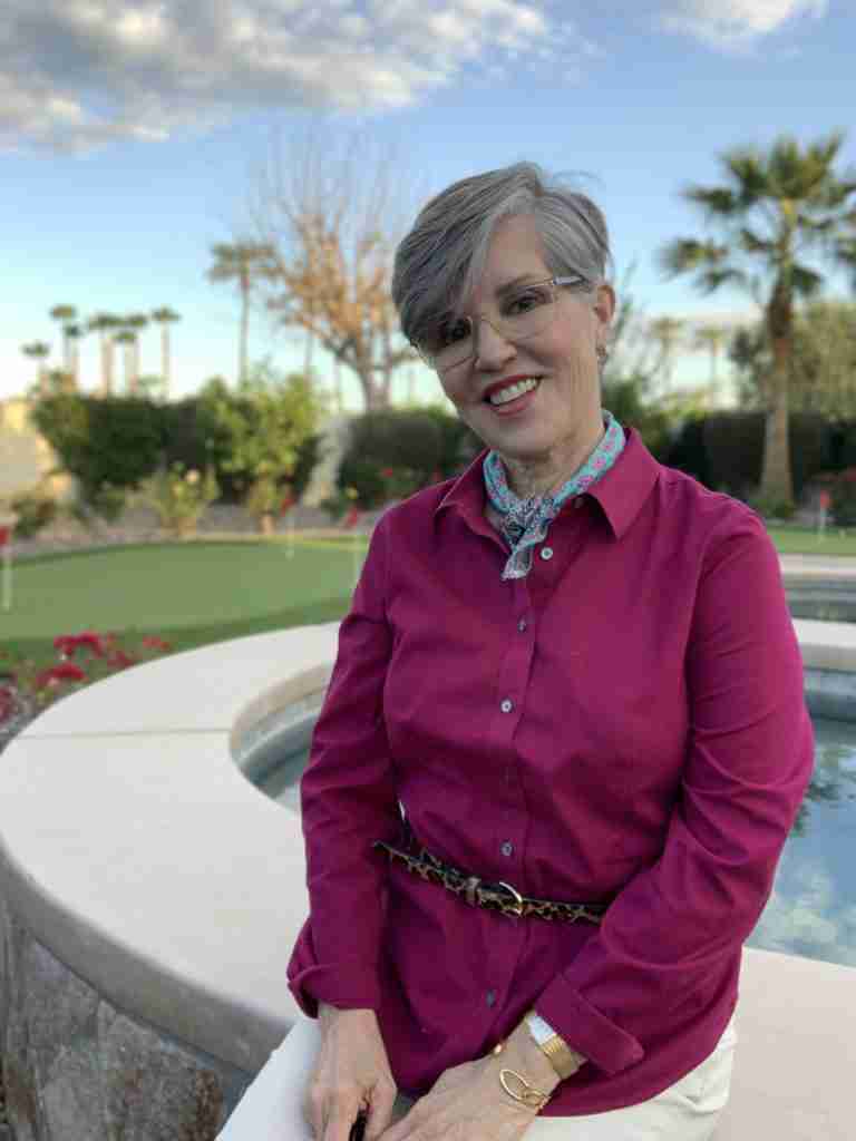 In this fourth of this series of teacher outfit ideas, I paired a rich magenta shirt with a leopard belt, leopard flats, and a  small soft blue and rose silk neck scarf.