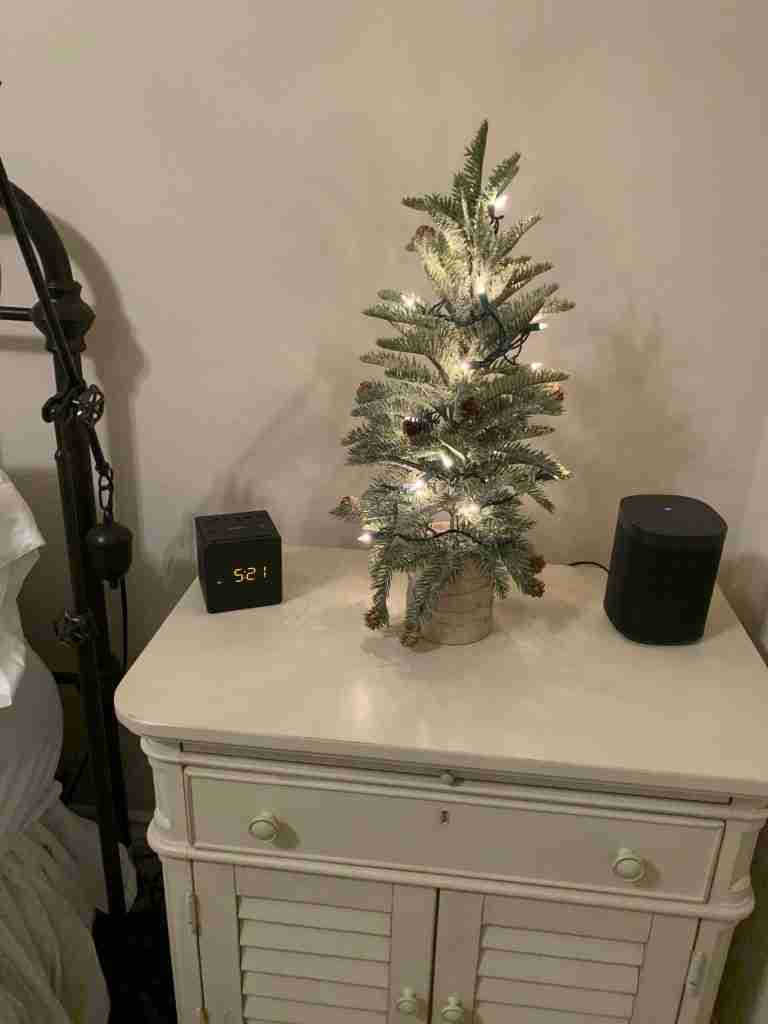 a guest bedroom with a Birch Christmas tree decoration.
