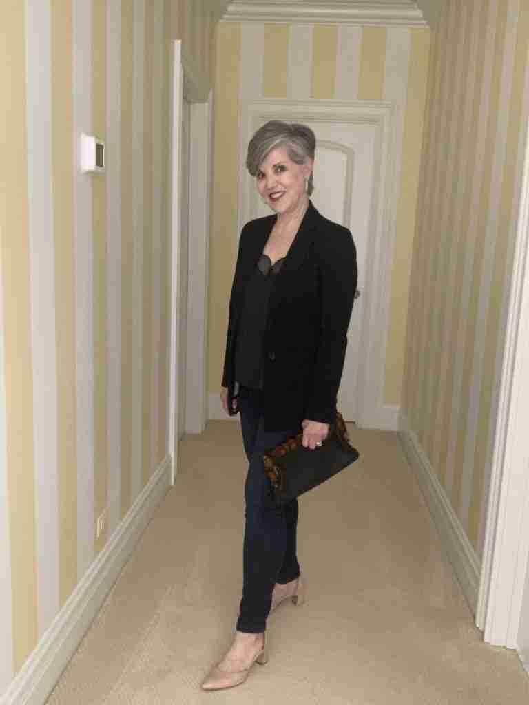 date night look with the black blazer outfit, one of the six different looks.  Here I wore the jacket with a black cami and skinny jeans.