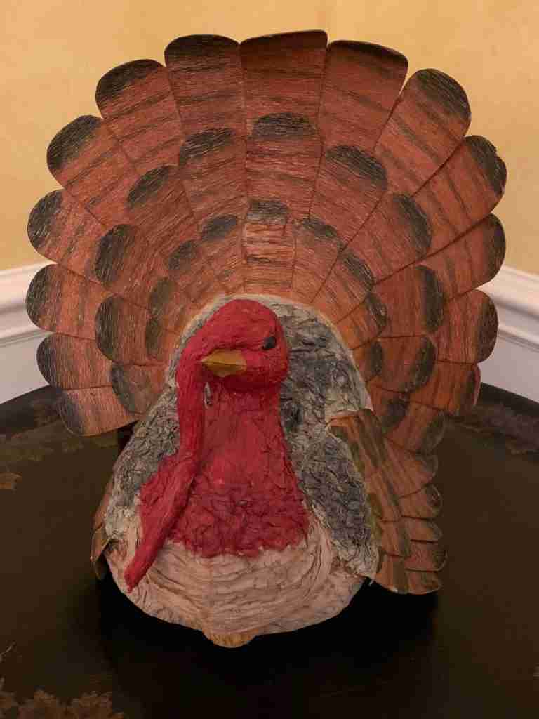 cute centerpiece turkey on table.  This is the first decoration I put out when I am starting to plan for thanksgiving
