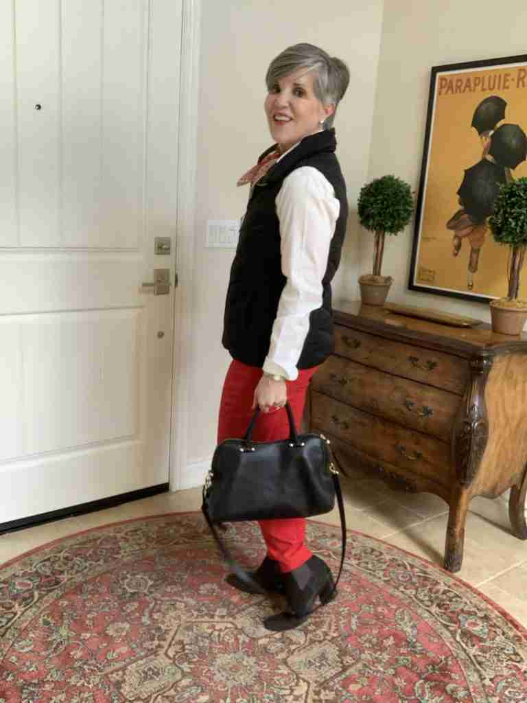  Happy Valentine's Day Outfits): Casual Valentine’s Day Outfit.  A white shirt under a black puffer vest with a red foulard scarf.