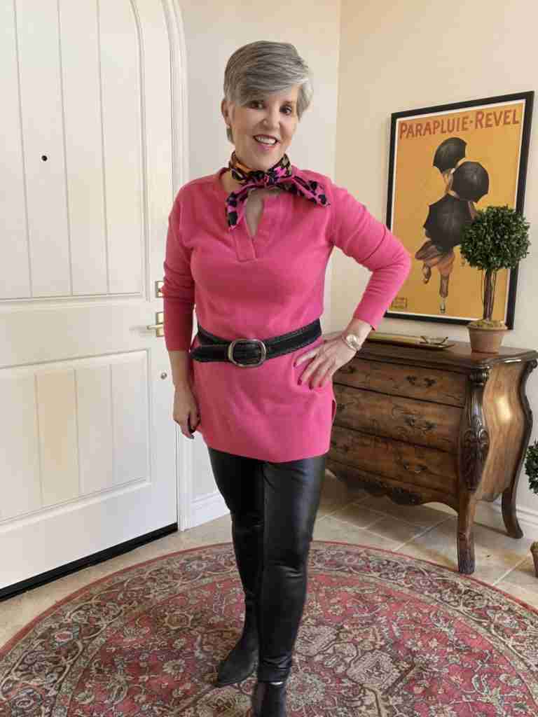 Here I wore a pink cashmere tunic (belted with a black leather belt) over the same vegan leggings from the second outfit and the same black suede over-the-knee boots as in the first outfit.  This was a cute winter outfit for going out to with friends