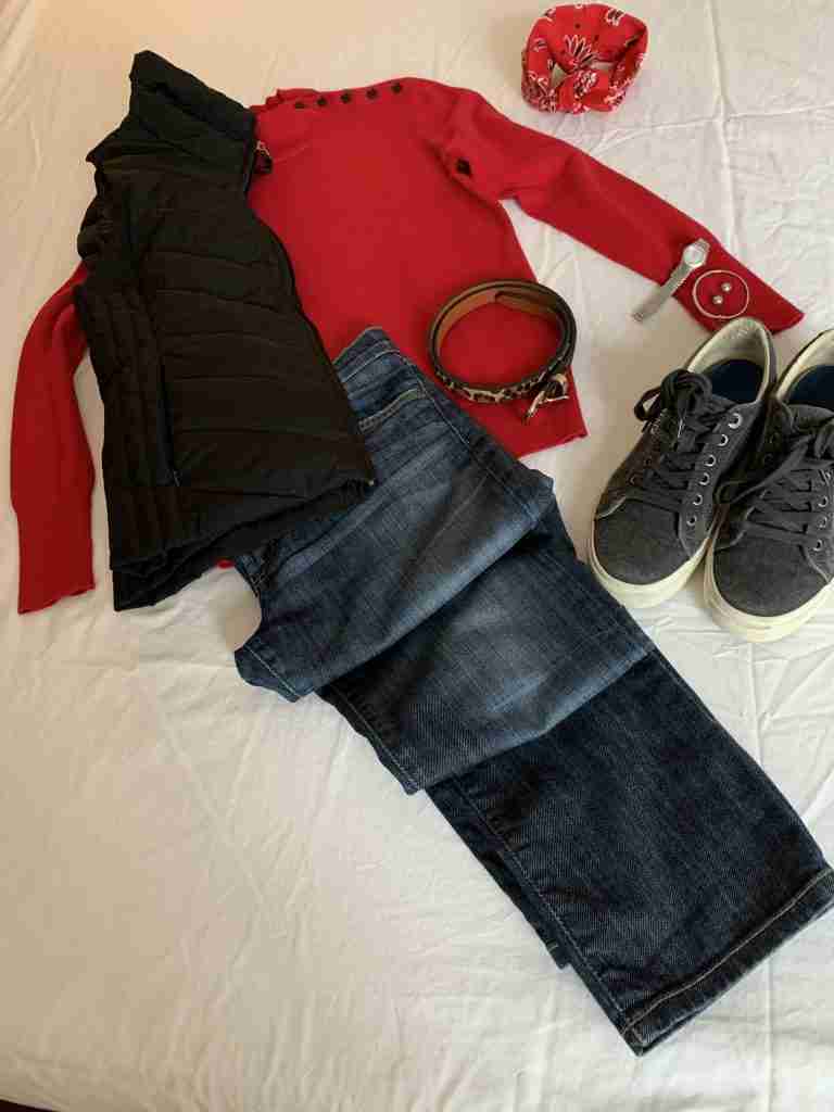 Here is a casual winter outfit idea that was a winter brunch outfit.  I took my mother-in-law out for breakfast at the pancake house.  It was a sunny day and this red cotton turtleneck was comfy under the black puffer vest with a  red bandana at my neck.  My skinny jeans again made an appearance with my gray sneakers