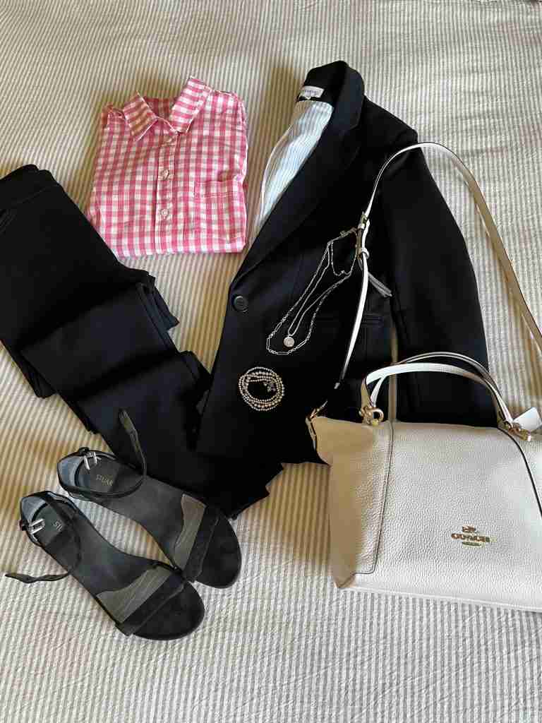 Here is an example of spring clothes for work.  You probably have a black or navy blazer in your closet.  I just paired mine with a terrific (and well-priced) pink gingham shirt as well as a flattering pair of Spanx black pants. 