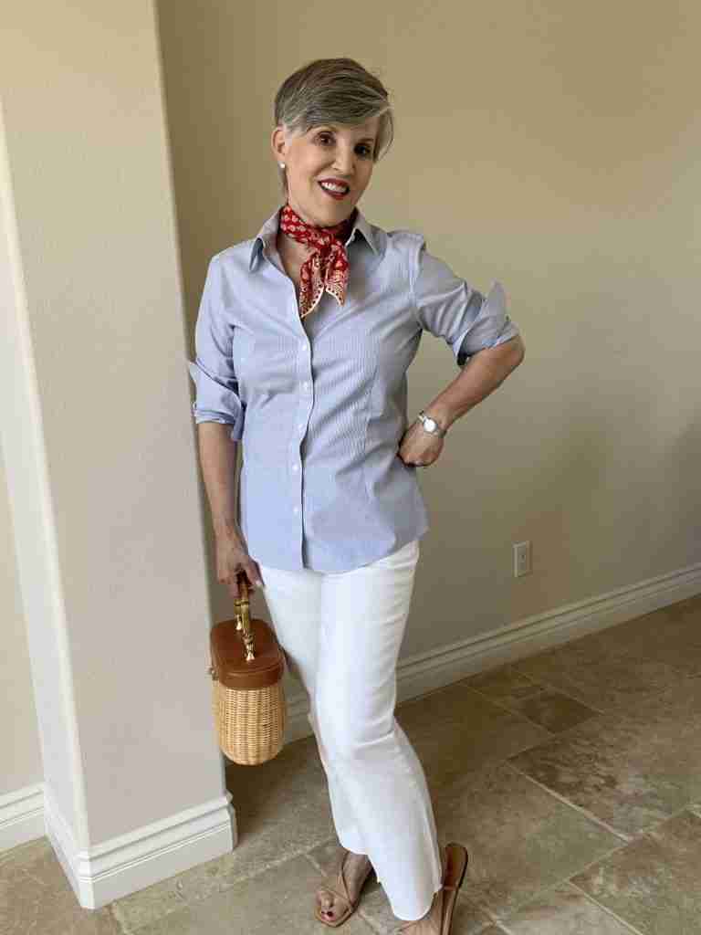 This third look is a simple look where I paired J Crew Factory mid-rise cropped flared white jeans wit a pinstriped blue and white cotton shirt.  I rolled up the sleeves and added the same wicker bag as the first outfit. 