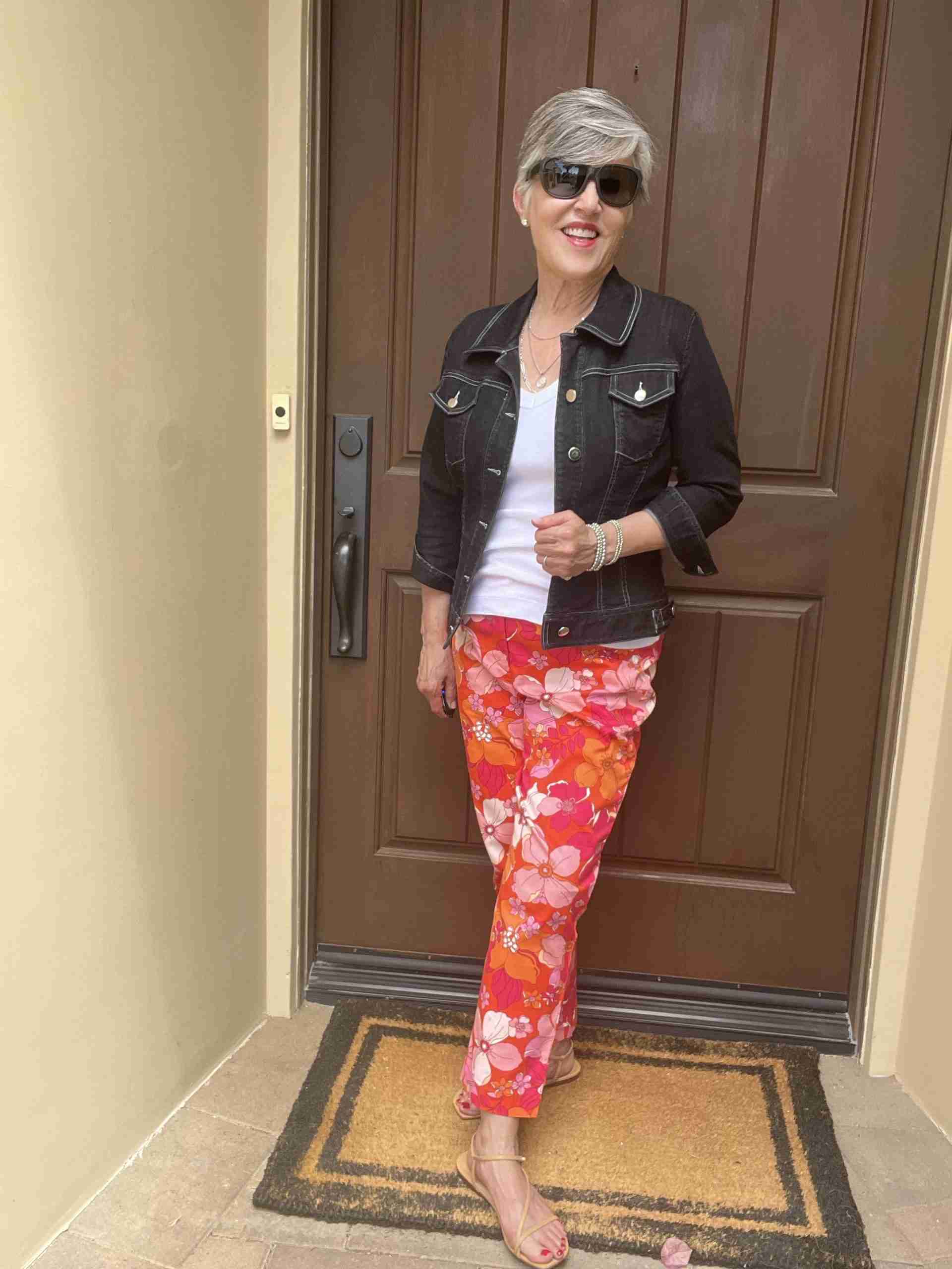 Here I paired the colorful crop pants with the same white tank and necklace, but now added my Oakley sunglasses as well as a black jean jacket.