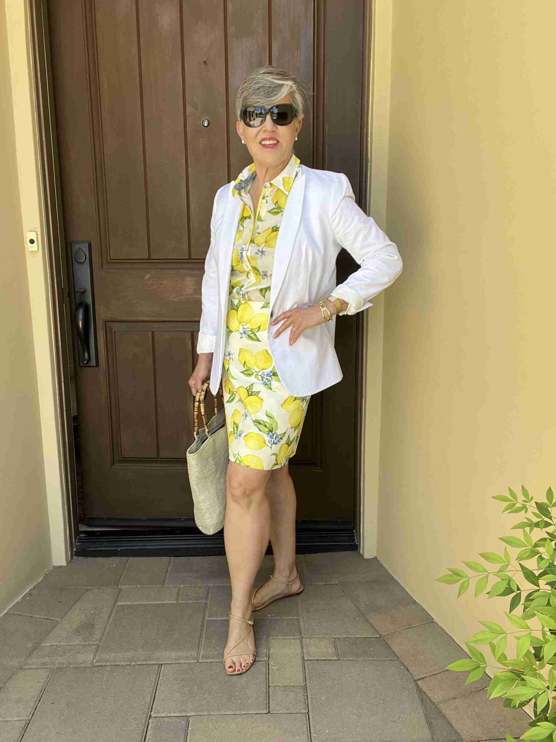 This is the dressiest look of the seven outfits in today's post.  Here, I paired the lemon print cotton shirt, with the lemon print skirt.  This gives the impression of a lemon print dress, but with two separate pieces.  Then, I added a white linen blazer to up the work-like quality of the outfit.