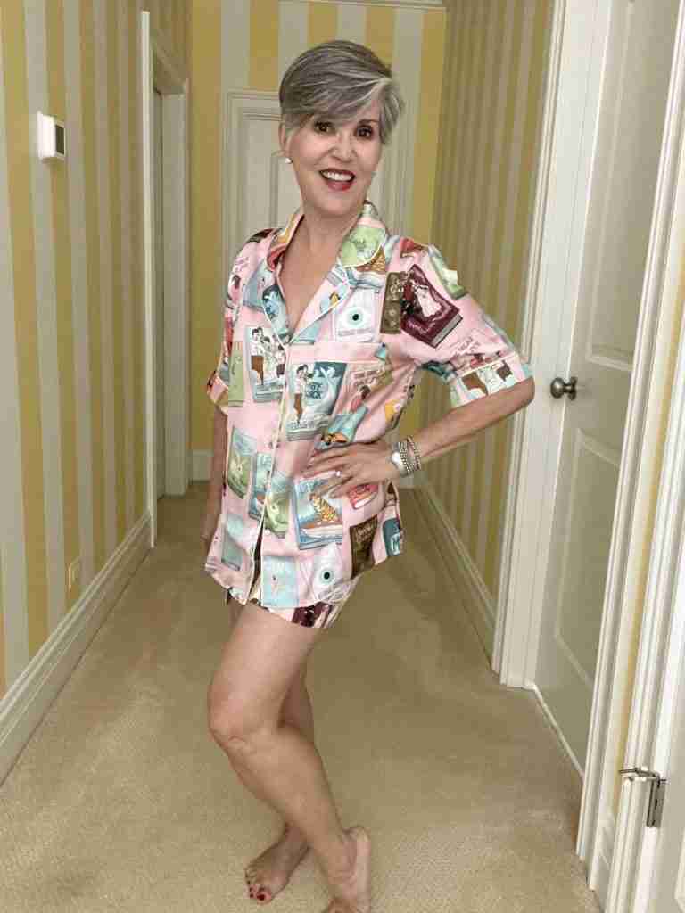 Here I am wearing the cutest pajamas ever!  Silky shortie pajamas by Karen Mabon.  Darling prints with a slightly oversized top and drawstring short bottoms. Cute!