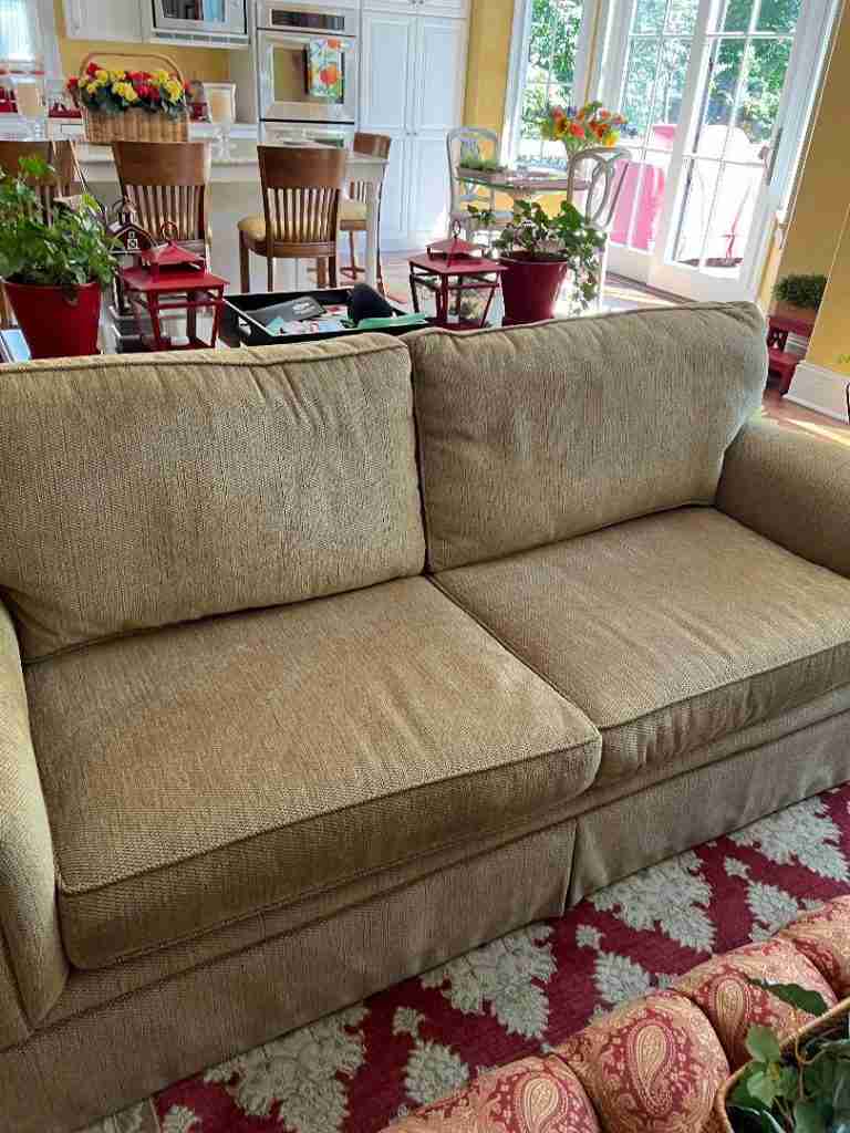 Here's a before image of my great room tan sofa.  This color goes so well with various decor all year long.