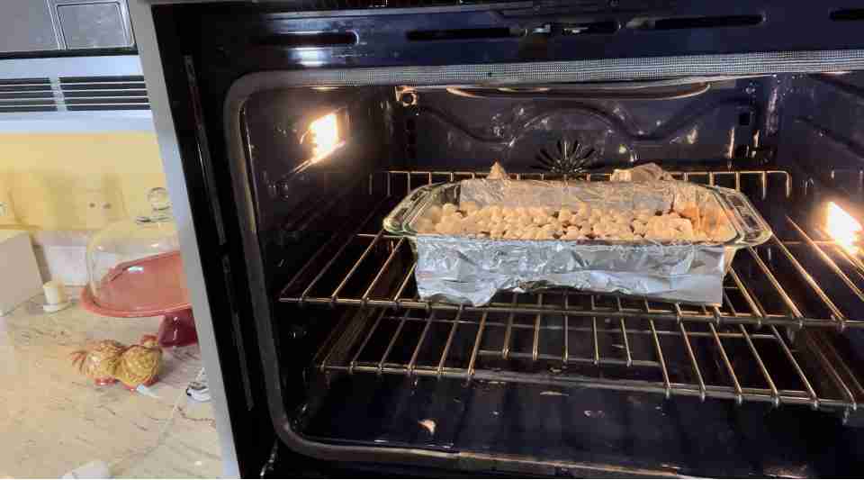 Here's the pan in the oven for the last seven minutes until the marshmallows highly brown.
