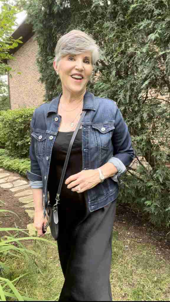 Here I am wearing a black slip dress with a jean jacket as well as Sam Edelman silver loafers for a casual look.  I am also wearing a black leather crossbody bag.