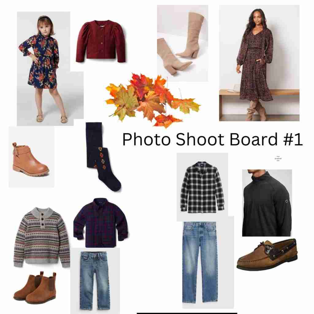 Here is the first photoshoot board.  It has terrific fall family photo outfits.  The girls wear dresses and the boys wear plaid and denim.
