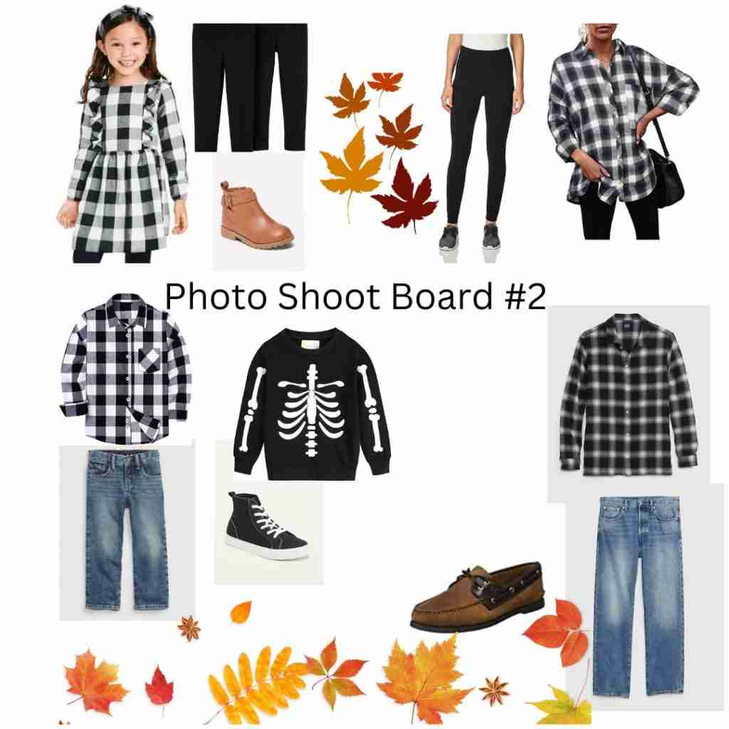 Here is the second photo shoot board where black and white are the colors worn.  The little girl wears a black and white checked dress and everyone else wears a black checked shirt.