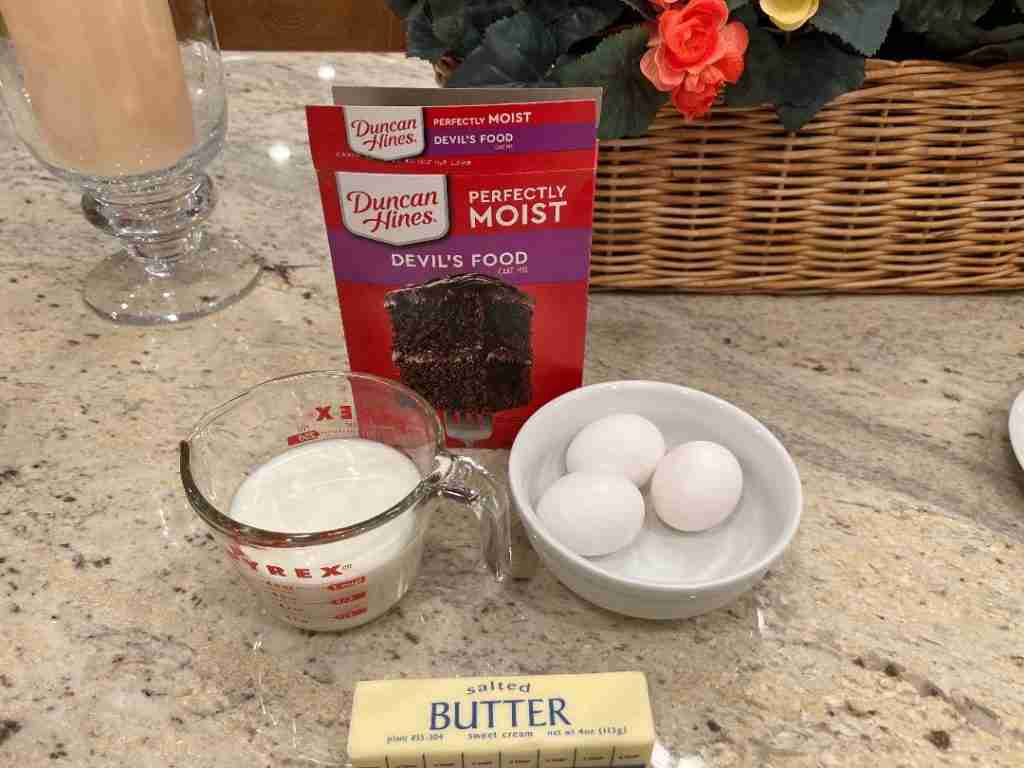 Here are the ingredients for the cupcake part of the mummy cupcakes.  I use Duncan Hines mix, but add milk, and butter rather than the water and oil suggested on the box.