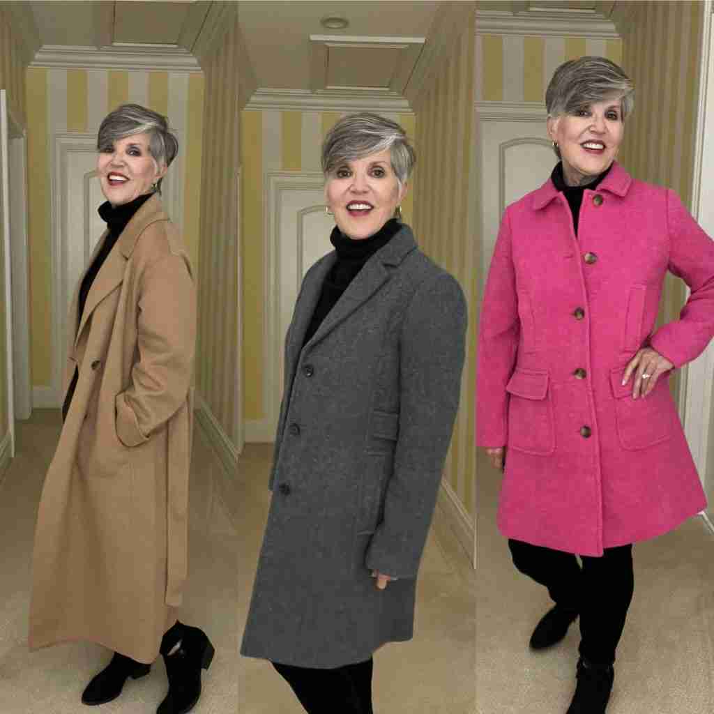 Here is one Gap coat and two Talbots coats.  The Gap coat is a beautiful tan camel double-faced wrap coat.  The second coat is a grey boucle reefer style coat with a single row of buttons.  The third is a hot pink boucle wool coat.