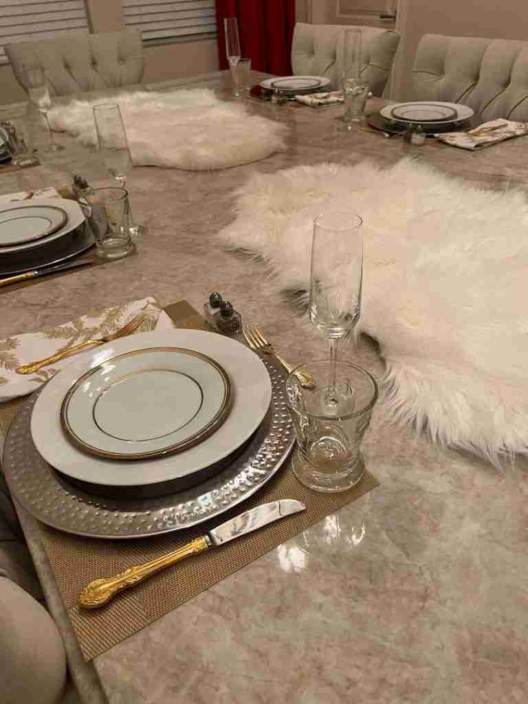 Look at my VERY FUN white fur pelts as part of my centerpiece.  I wanted to bring in the feel of winter and coziness.  Do you like them?  Of course, you can use them the rest of the year as an accent rug or on a bench.