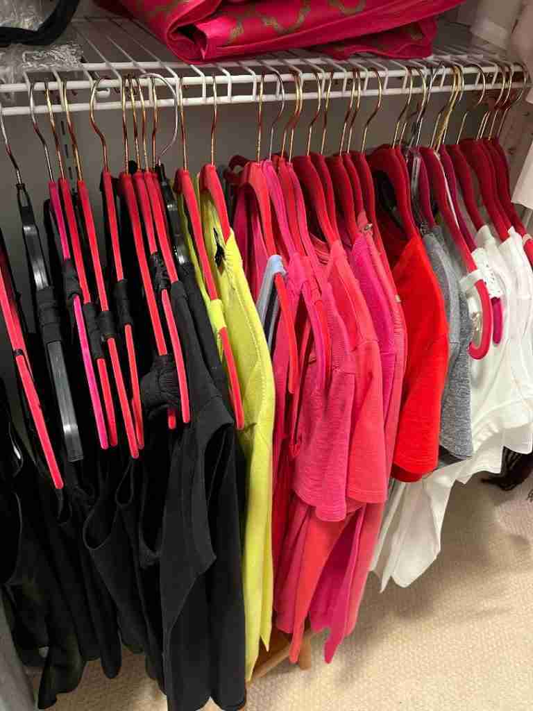 Here are my camis, tees, and tank tops arranged by style and color.