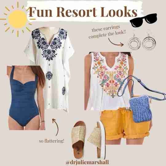 This fun resort look post is from Sundance cataloug and consists of a pretty navy one piece bathing suit, a blue and white embroidered tunic as well as nude slides.   There are silver hoop earrings, black sunglasses, a sweet blue woven cross-body bag and a white boho top that pairs with yellow shorts.