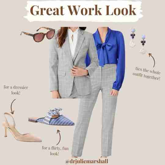 This great work look consists of a gorgeous grey glen plaid blazer and pants with a glamorous cobalt blue tie neck blouse.  There are the cutest blue striped mules as well as gorgeous nude sling-back pumps.  Lstly, there are tortoise shell sunglasses as well as blue and white drop earrings.