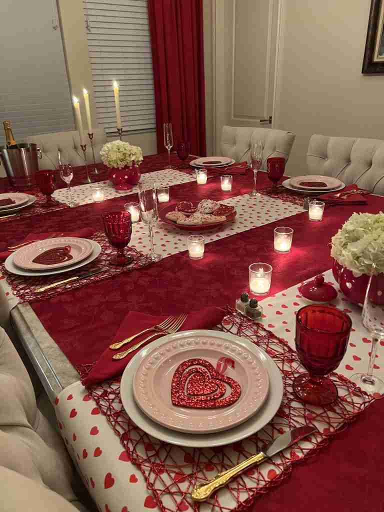 A long view of the finished Valentine's Day Tablescape.