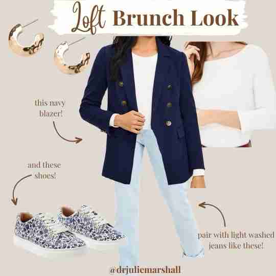For Spring Fashion for women over 40 Here is a Loft brunch outfit withe a navy knit blazer worn over light wash jeans and a white boat neck tee.  There are hammered gold hoop earrings as well as cute blue floral print sneakers to finish the look!
