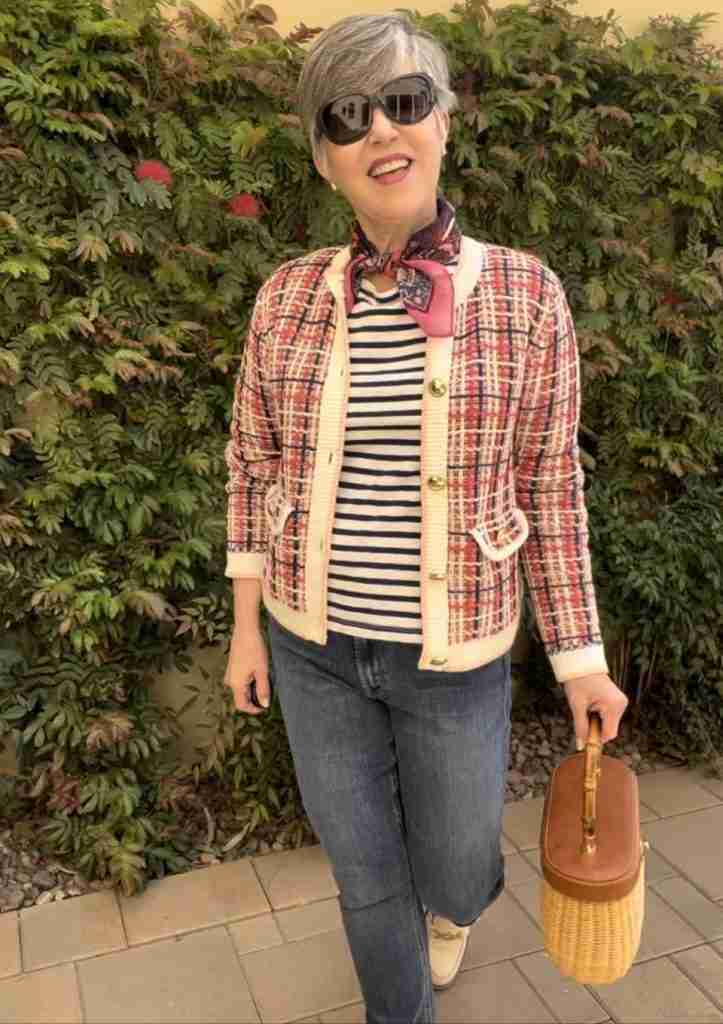 Here's the last look with the plaid jacket paired with a J Crew Beton striped tee.  I added a bandana from Sundance catalog as well as my Mother Dazzler jeans and the cream loafers.