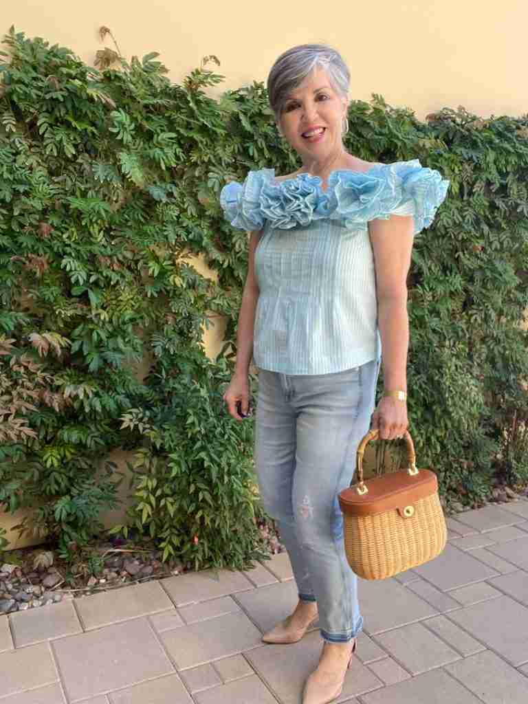 here is the third spring date night outfit.  The pale blue sleeveless top is flattering and paired with medium-wash jeans and nude pumps.  My J McLaughlin bag is wicker and leather.