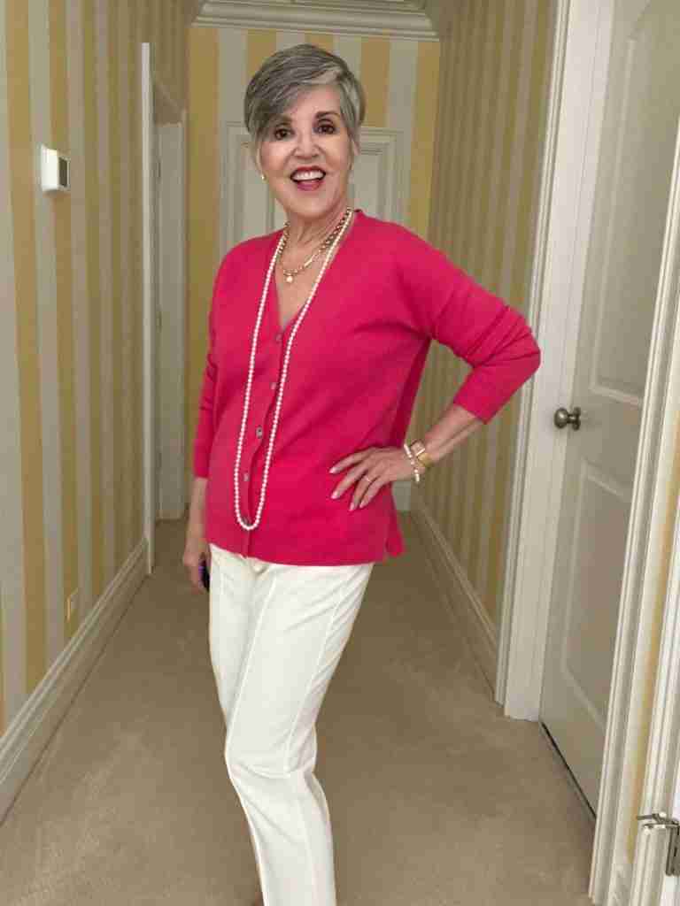 Here I am wearing the pink J McLaughlin cardigan (not on sale) with the ivory Meade pants that ARE on sale.  Comfy and cute pointe pants with a central seam down the legs which is so flattering.