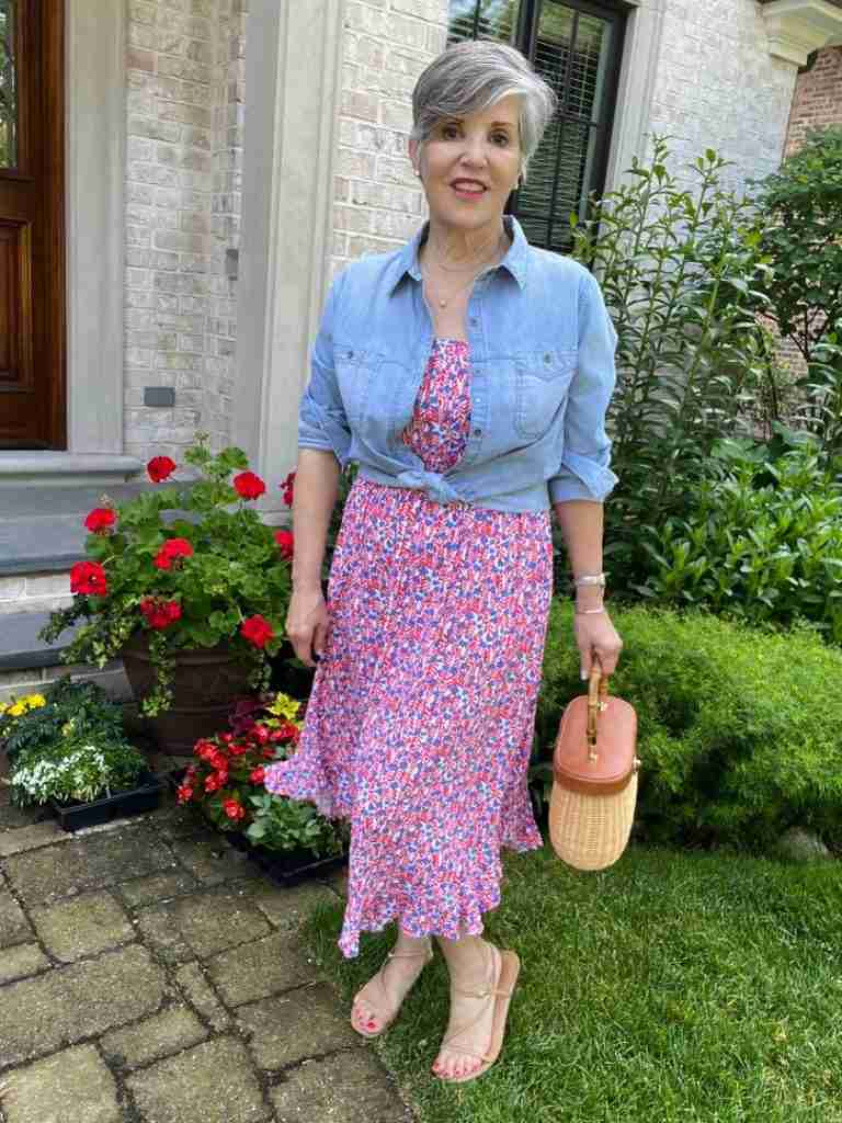 Here I am wearing a pretty J Crew red, white, and blue sleevless dress with a denim shirt tied over it.  Again I am wearing the J McLaughlin wicker bag and nude sandals!