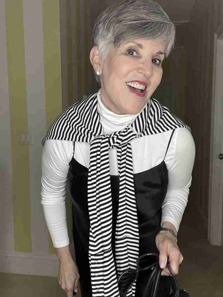 Black Satin Slip Dress Outfit #9: White Turtleneck Under the Dress with a Striped Tee