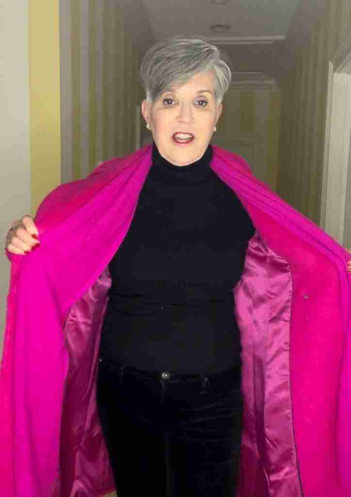 Here I am wearing a fuchsia cashmere scarf over a black ribbed Arlette turtleneck and black velvet jeans.  I added a fuchsia classic coat and cashmere scarf.