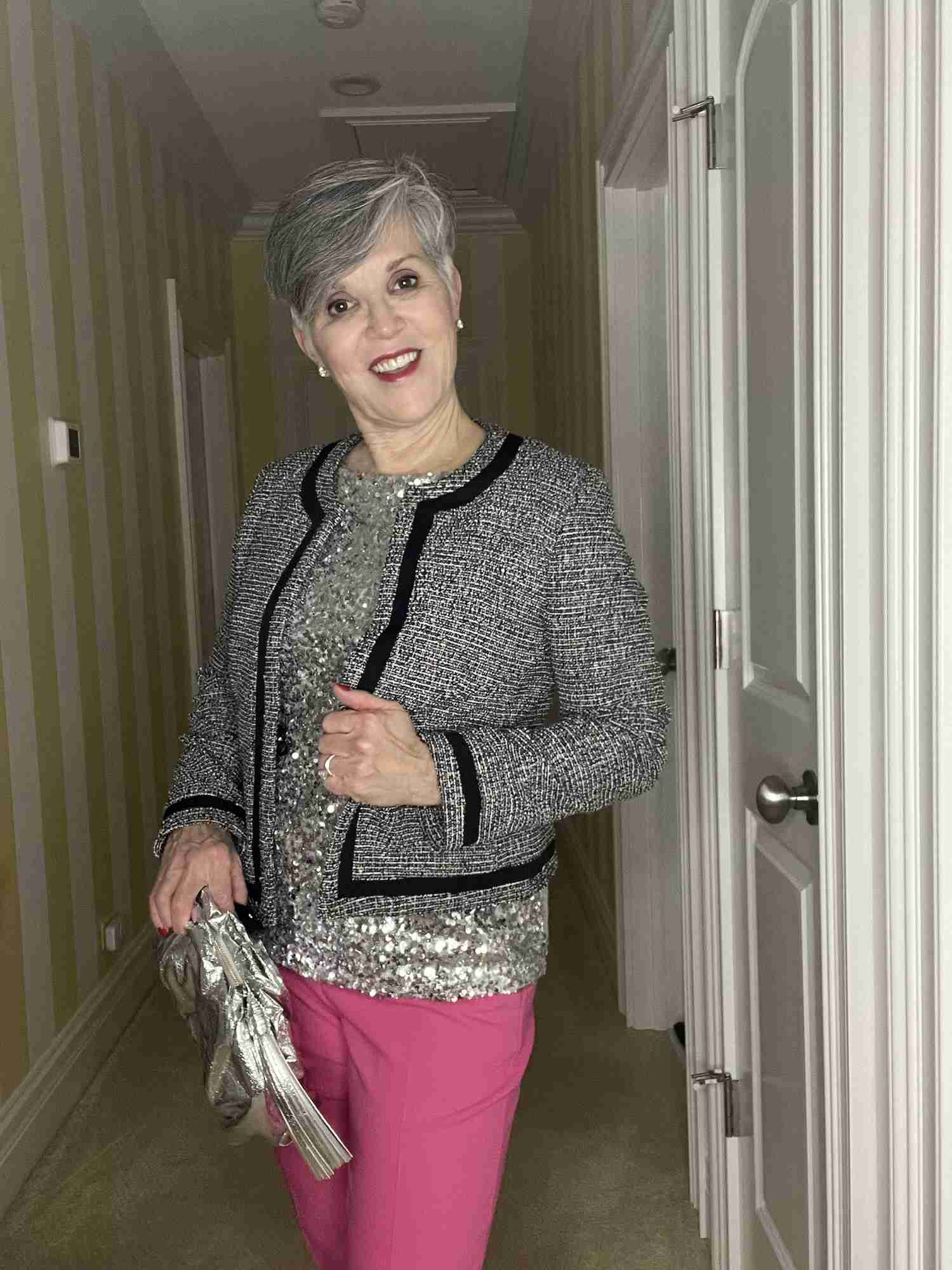 Here are sequins in a shell with a tweed jacket, and pink pants.